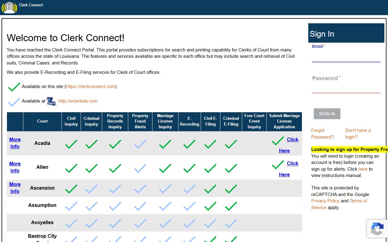 East Feliciana Parish Clerk of Court records Clerk Connect portal comparison