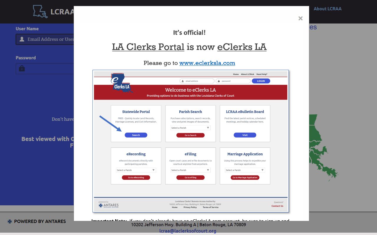 East Feliciana Parish Clerk of Court records LCRAA login page