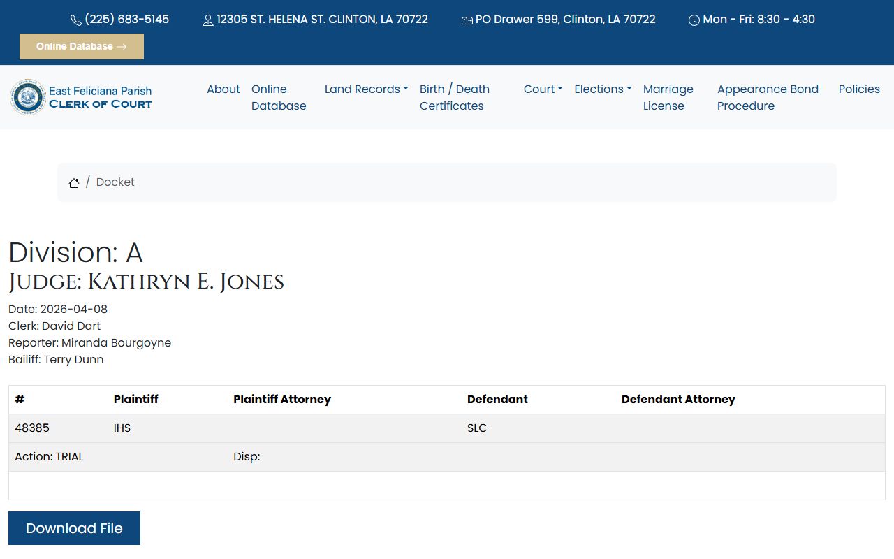 East Feliciana Parish Clerk of Court records sample daily civil docket