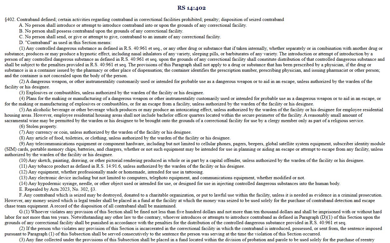 East Feliciana Parish court dockets Louisiana contraband statute
