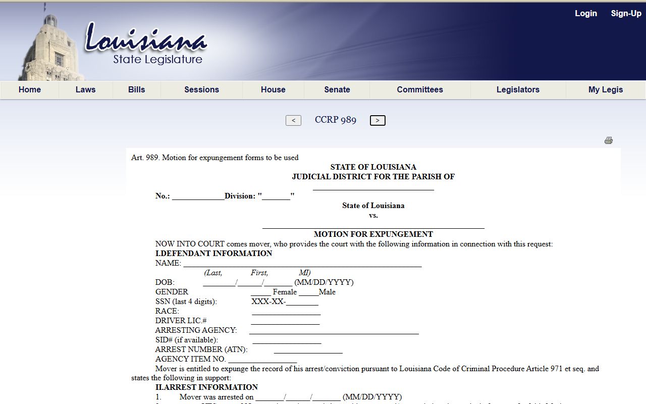 East Feliciana Parish court dockets expungement form reference