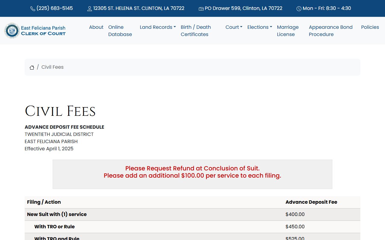 East Feliciana Parish court records civil fee schedule