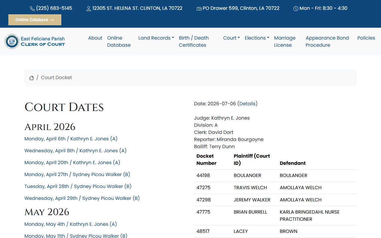 East Feliciana Parish court records civil docket dates