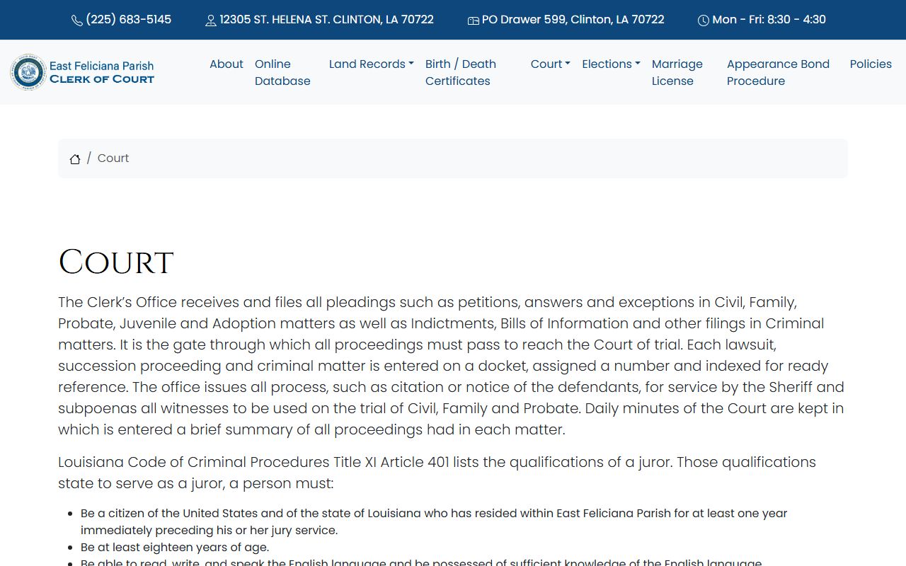 East Feliciana Parish court records filing and docket page