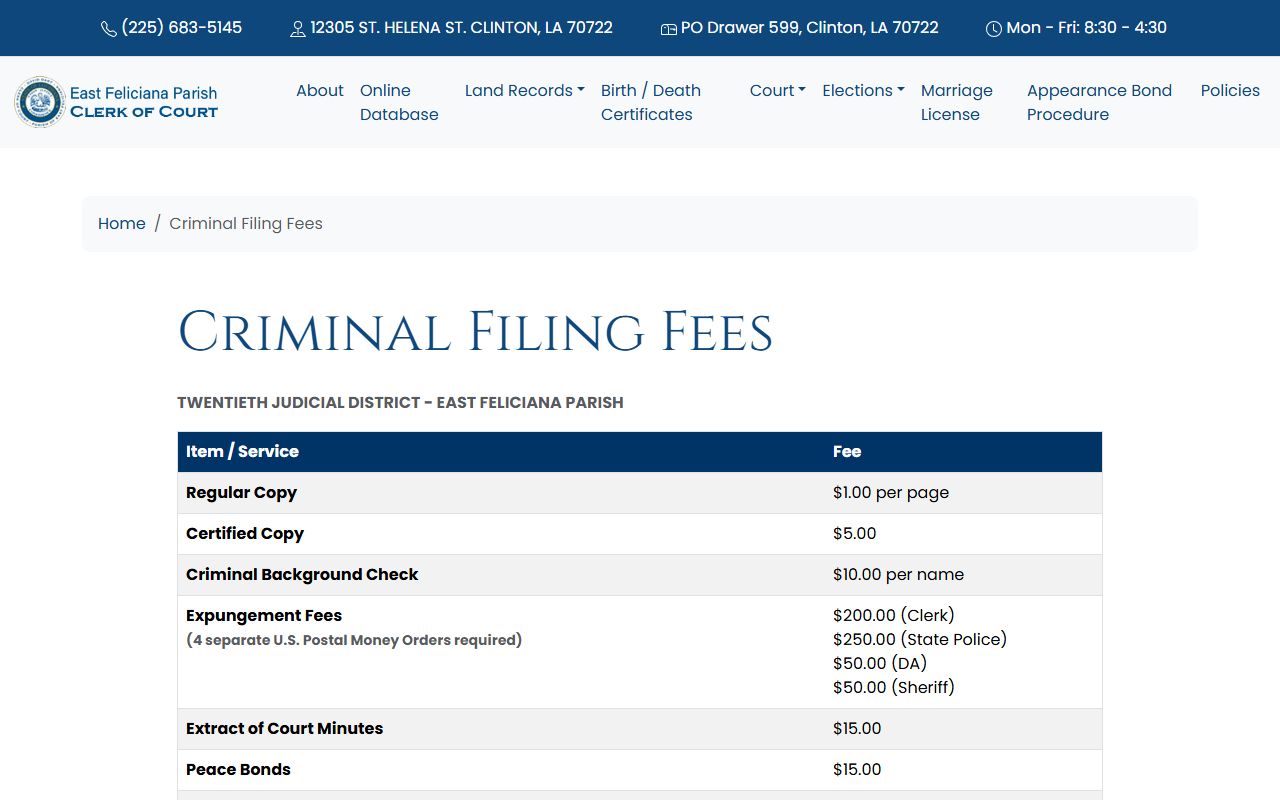 East Feliciana Parish court records criminal fee schedule