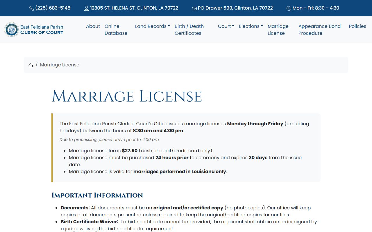 East Feliciana Parish court records marriage license requirements
