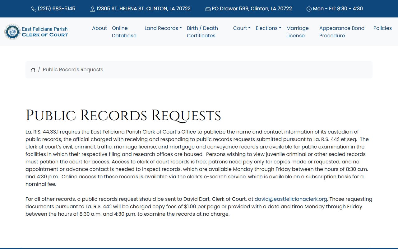 East Feliciana Parish court records public access instructions