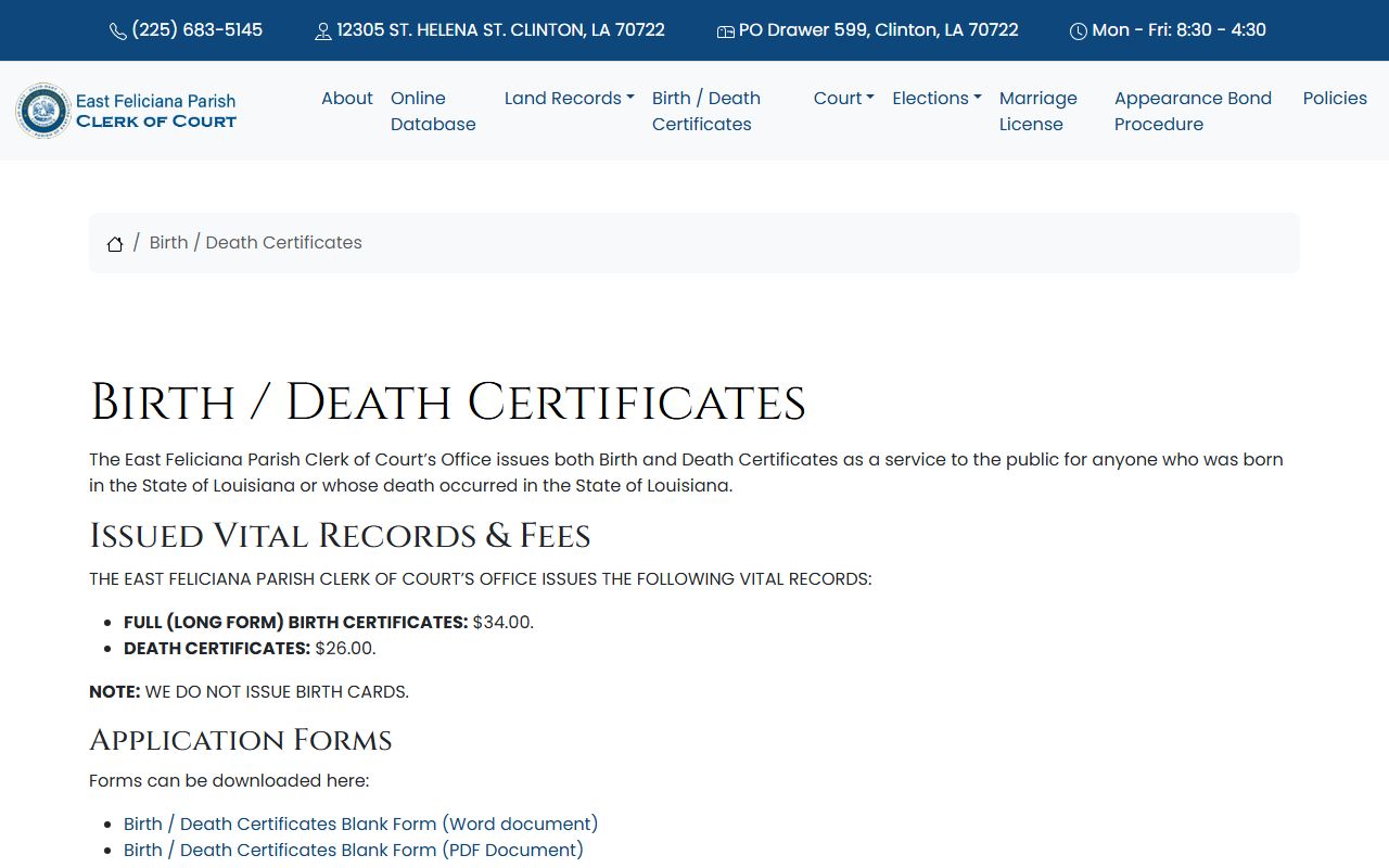 East Feliciana Parish court records vital certificate information